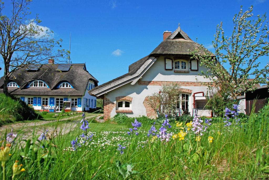a house with a thatched roof and a field of flowers at Ferienhaus unterm Reetdach in Ostseebad Sellin