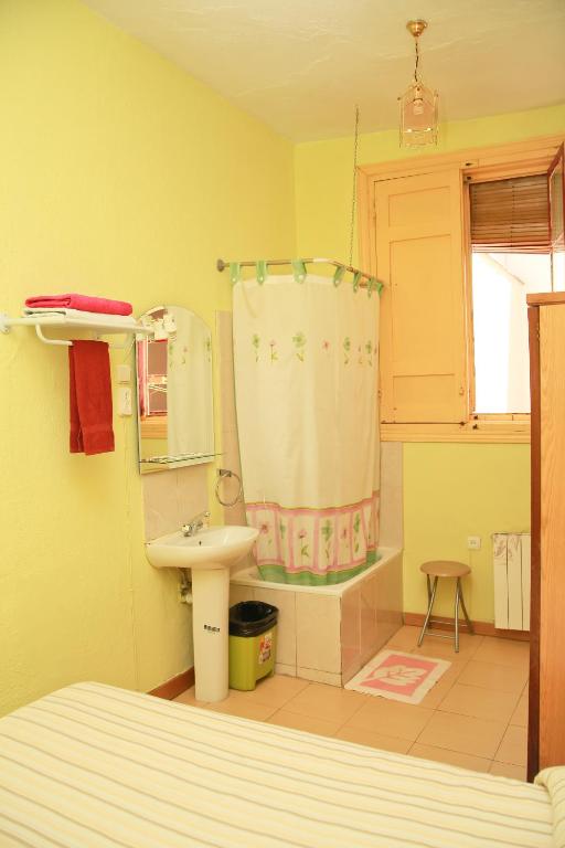 Un baño con lavabo y cortina de ducha. en Hostal Loyola, en Madrid