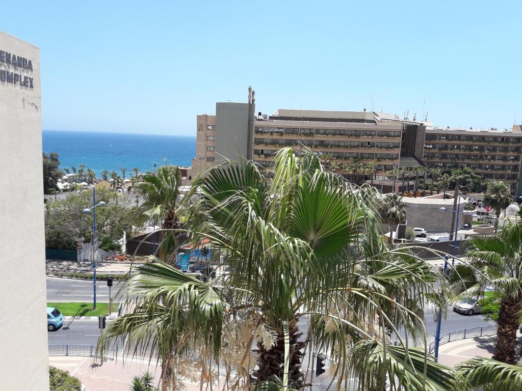 a palm tree in front of a building and the ocean at Limassol Seaside Apartment in Limassol