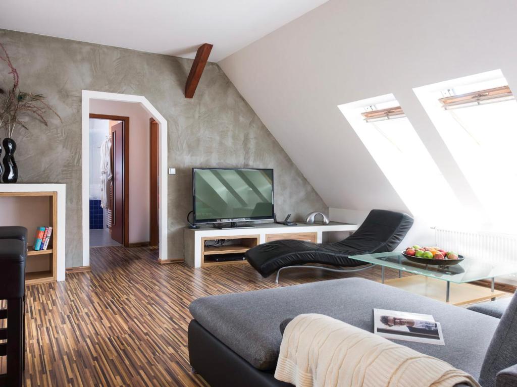 a living room with a couch and a tv at Old Town Apartment Spilberk in Brno
