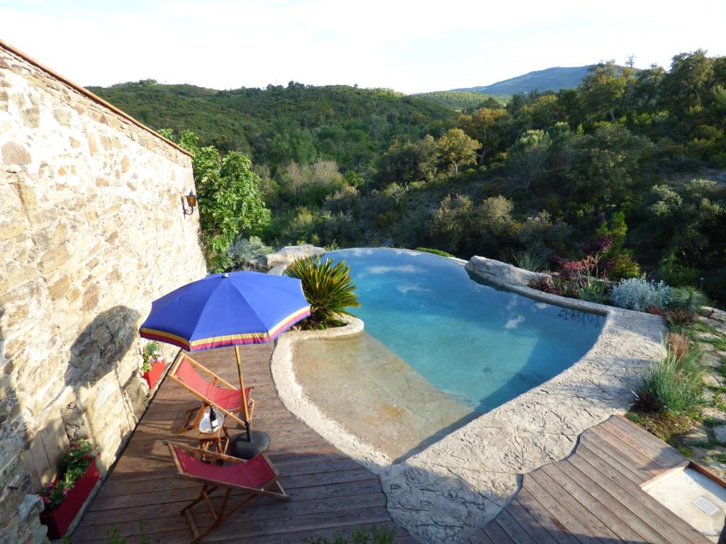 une image d'une piscine avec un parasol dans l'établissement Mas de la Fariole, à Caixas