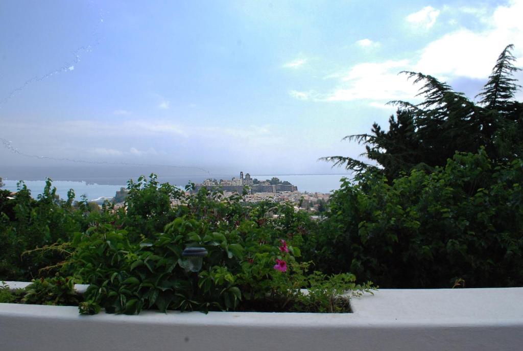 vista sulla città da un giardino fiorito di Costa Residence Vacanze a Città di Lipari