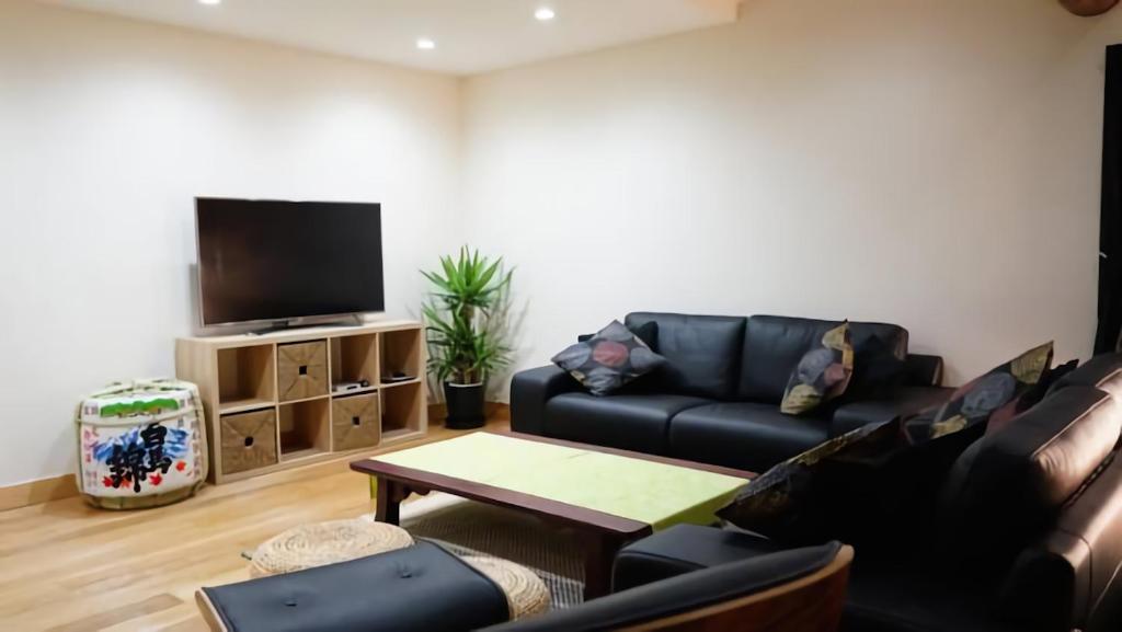 a living room with a couch and a tv at Harmony House Hakuba in Hakuba