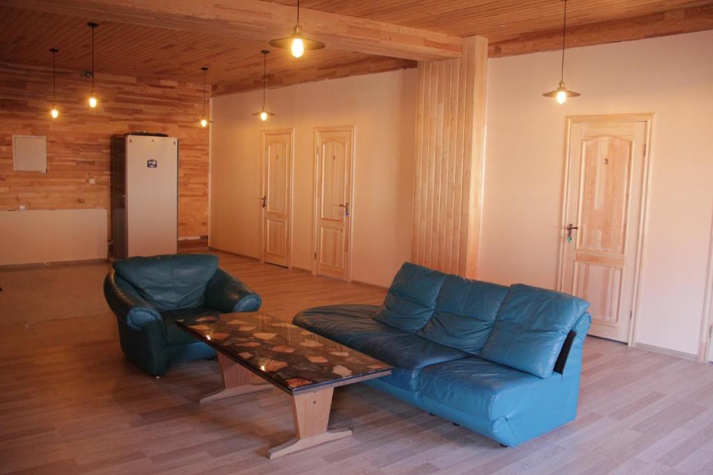 sala de estar con sofá azul y mesa en Freedom, en Uzhhorod