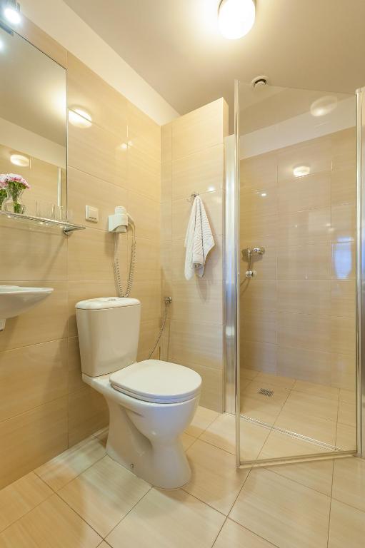 a bathroom with a toilet and a glass shower at Hotel Alexander in Krakow