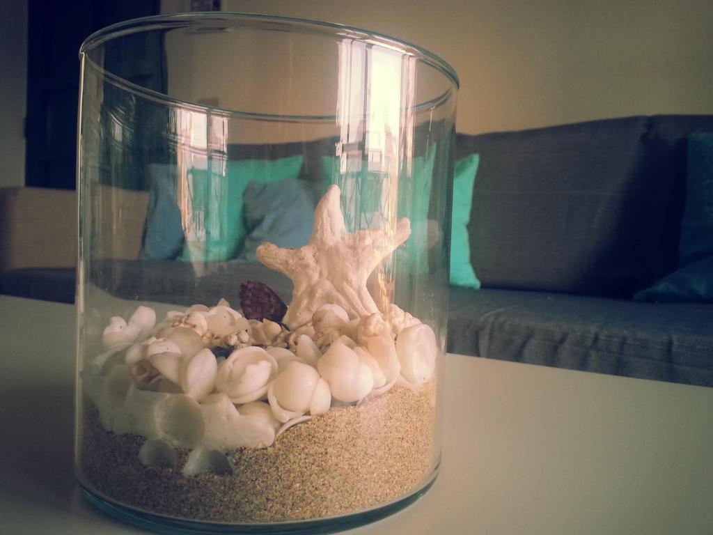 een glazen pot gevuld met schelpen en zeesterren bij La casita de Esteban in Arrieta