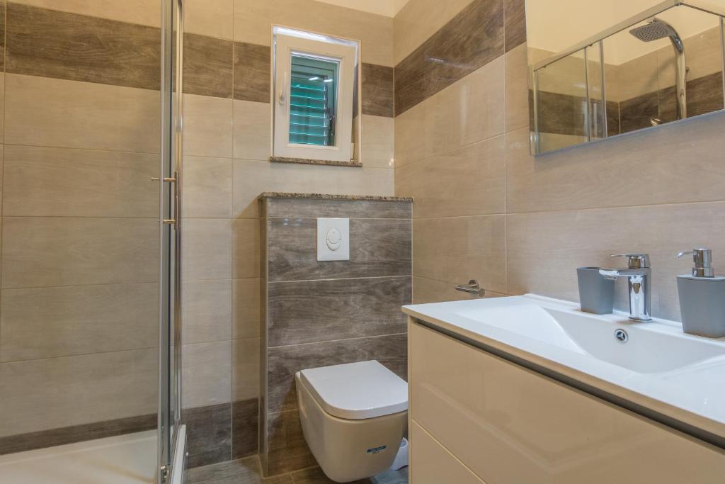 a bathroom with a shower and a toilet and a sink at Stara Kuća Apartments in Šimuni