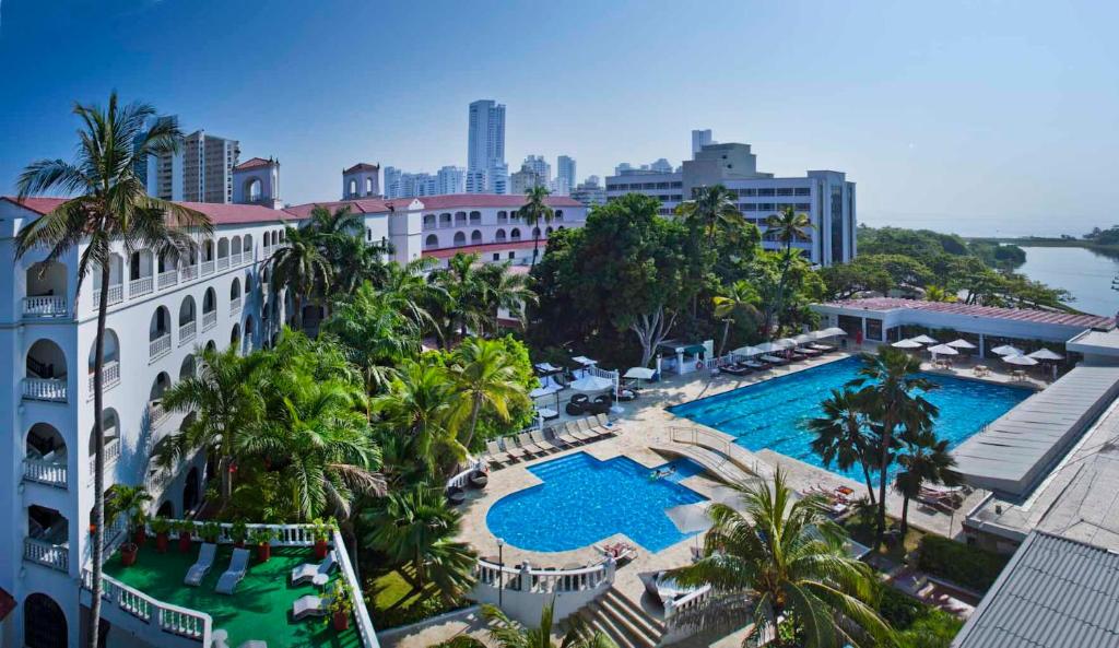 an aerial view of a resort with a swimming pool at Hotel Caribe by Faranda Grand, a member of Radisson Individuals in Cartagena de Indias