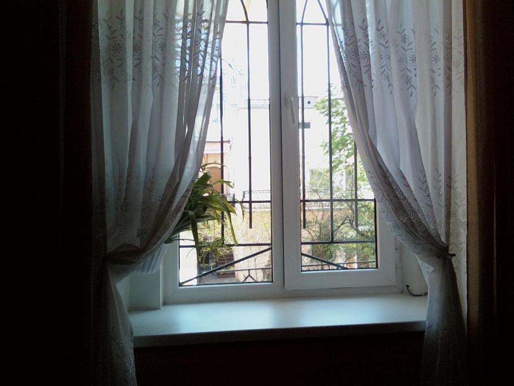 a window with white curtains and a potted plant at Deribasovskaya 16 in Odesa