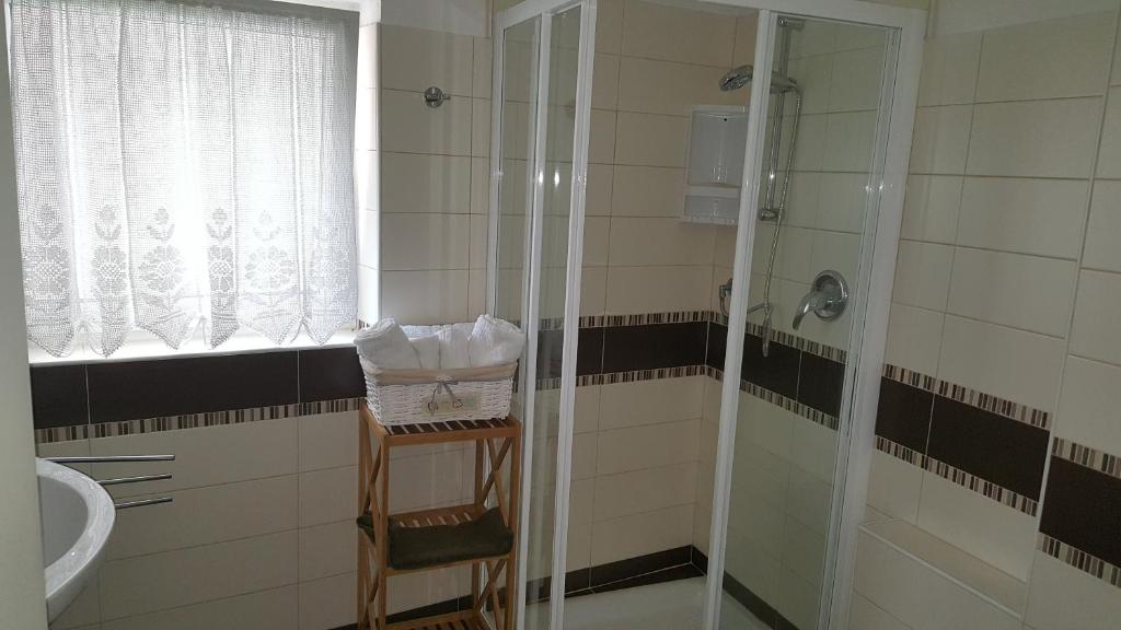 łazienka z prysznicem i umywalką w obiekcie Casa Di Girolamo w mieście Predazzo