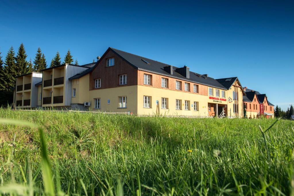 duży budynek na polu trawy w obiekcie Hotel Biathlon Sport & Spa w Szklarskiej Porębie