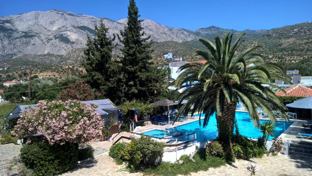 a pool with a palm tree and mountains in the background at Hotel Sofia in Marathokampos