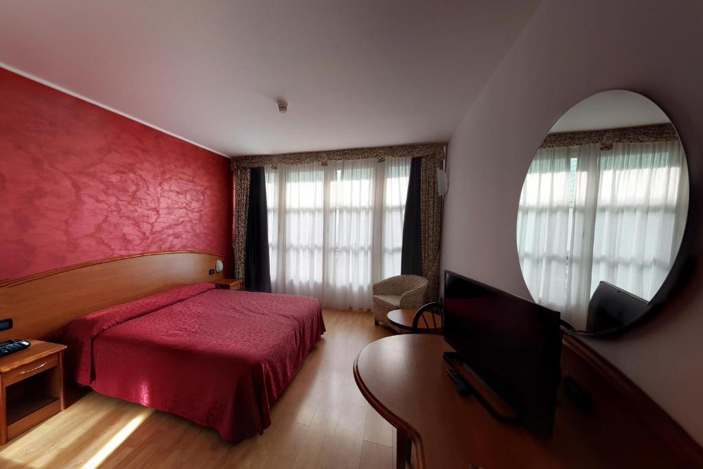 a bedroom with a bed and a tv and a mirror at Hotel Europa in Biella