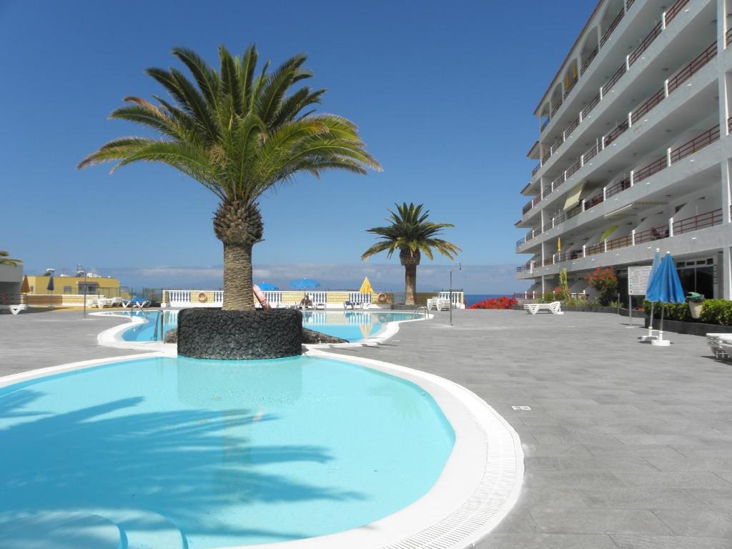 プエルト・デ・サンティアゴにあるFirst Line Beach Apartment with Ocean View La Arenaのヤシの木が並ぶスイミングプール