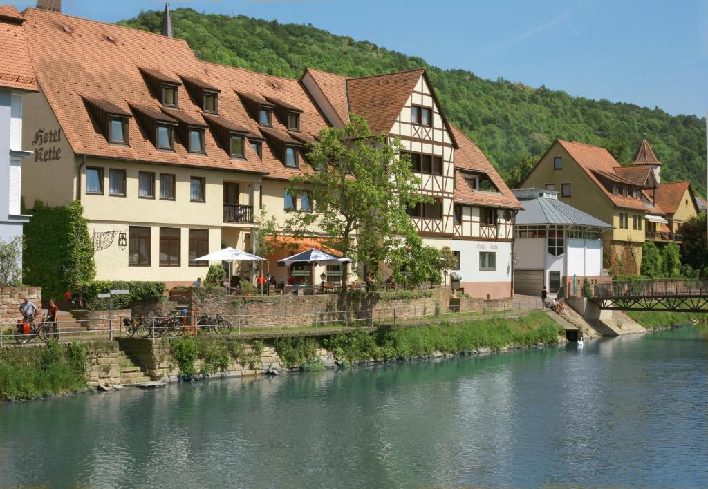 eine Gruppe von Gebäuden neben einem Fluss in der Unterkunft Tauberhotel Kette in Wertheim