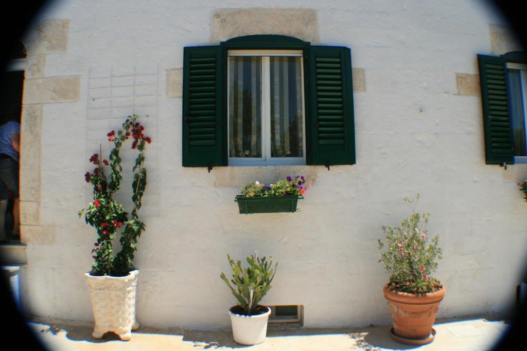 a building with two potted plants and a window at Casolare Capitolo in Cisternino