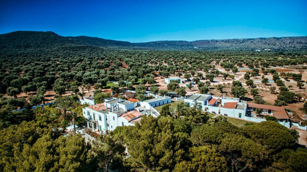 an aerial view of a large white house with trees at Masseria Il Frantoio in Ostuni