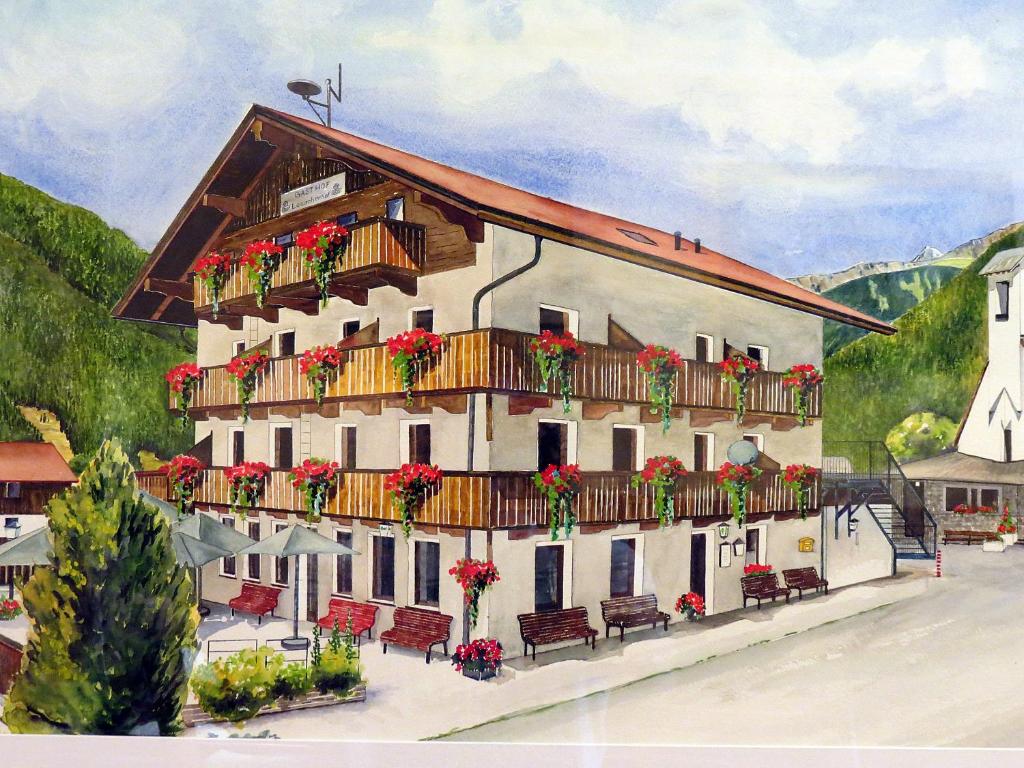 a painting of a building with flowers on the balconies at Lesacherhof in Kals am Großglockner