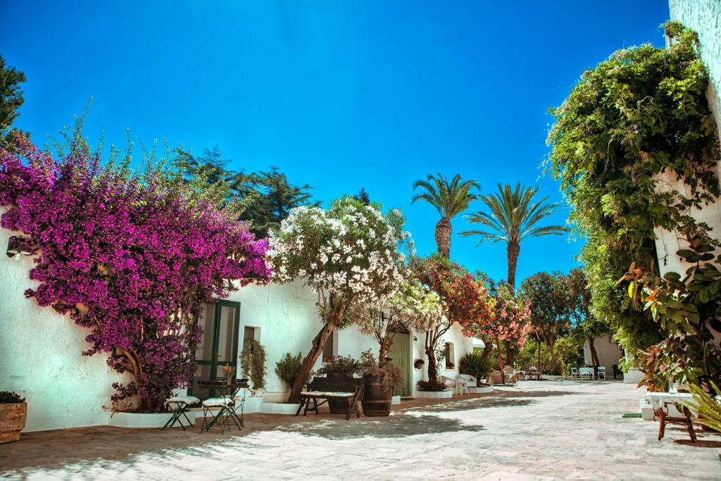 a row of houses with purple flowers and palm trees at Masseria Il Frantoio in Ostuni