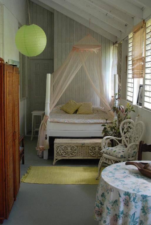 a bedroom with a bed with a canopy at Charming Old World Apartment in Bridgetown