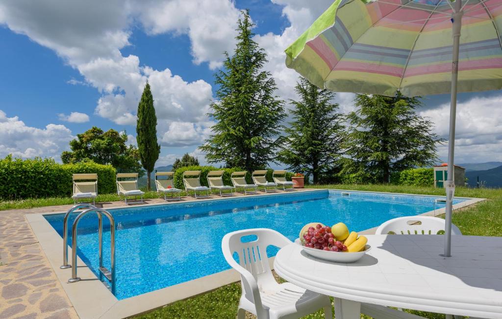 a pool with a table and chairs and an umbrella at Agriturismo Casapasserini in Londa