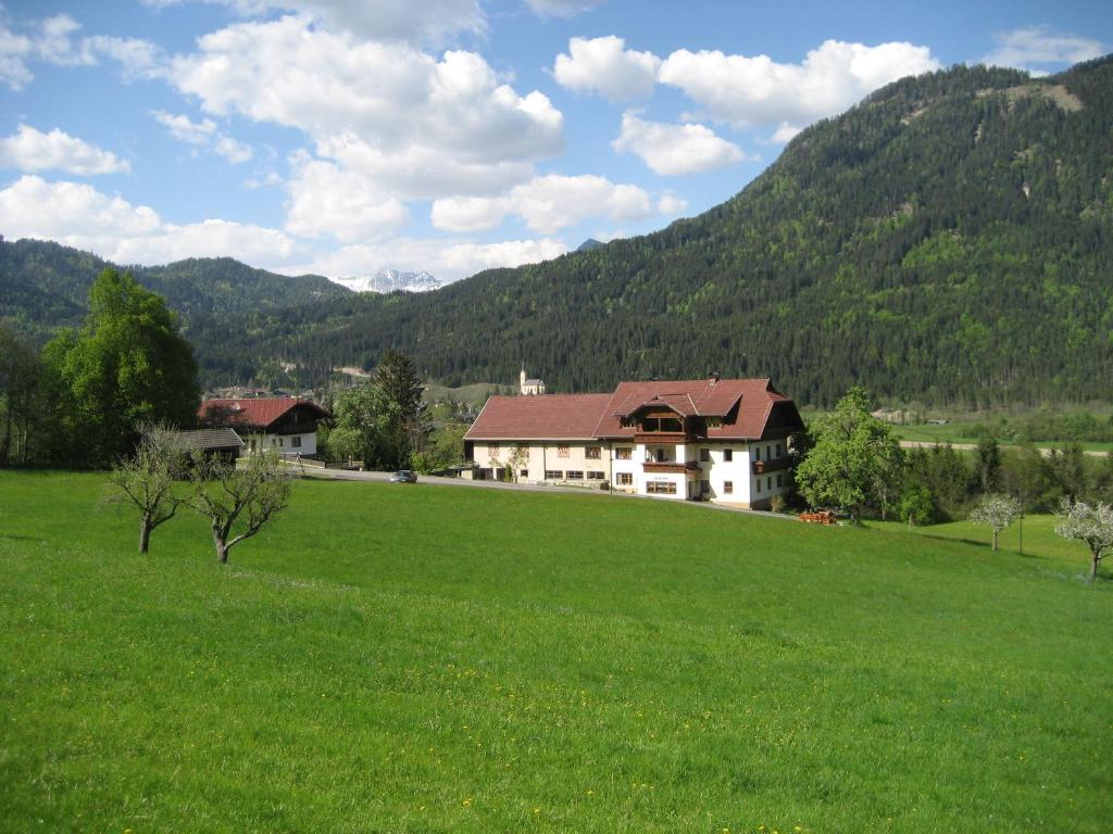a house on a green field with mountains in the background at Ferienhaus Enzi in Weissbriach