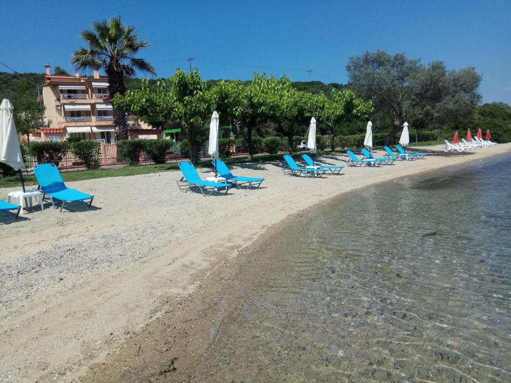 un grupo de sillas y sombrillas en una playa en Bella Vista, en Yiáltra