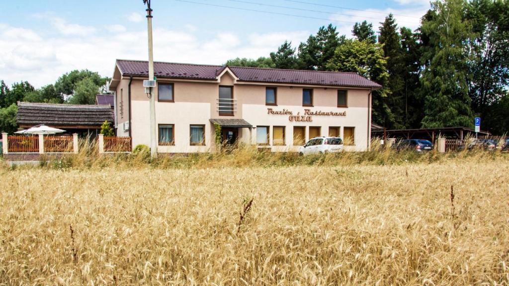 a building in the middle of a field of grass at Penzion Oaza Prievidza in Prievidza