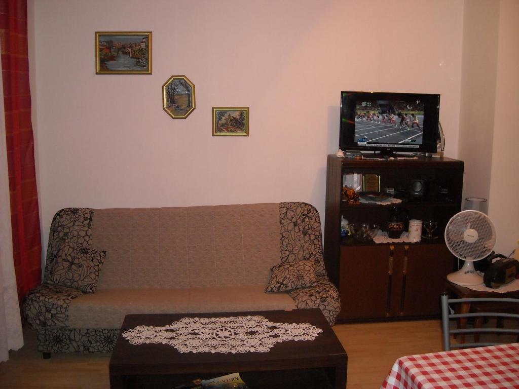 a living room with a couch and a tv at Apartment Sretno Good Luck in Herceg-Novi