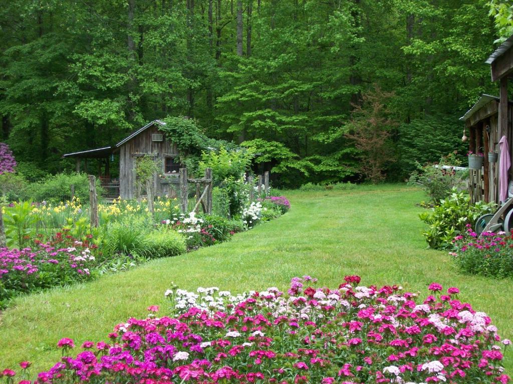 einen Garten mit Blumen und einem alten Schuppen in der Unterkunft Garden of Eden Cabins in Cosby