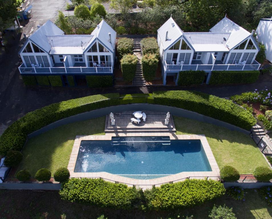 an aerial view of a house with a swimming pool at Loxley On Bellbird Hill in Kurrajong