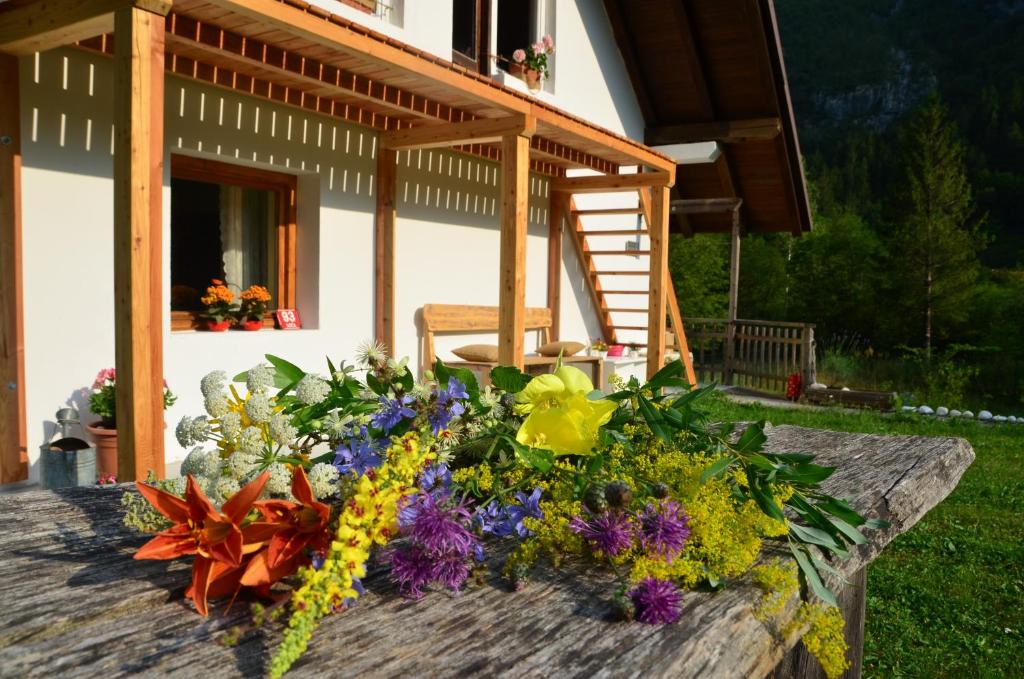 索卡的住宿－Bovec Home At Three Samoyeds，房子前面桌子上一束鲜花