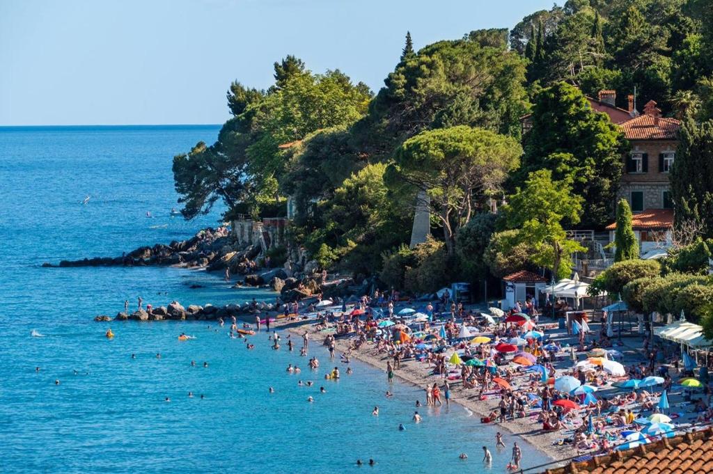 a group of people on a beach in the water at Vintage Apartment Nona in Mošćenička Draga