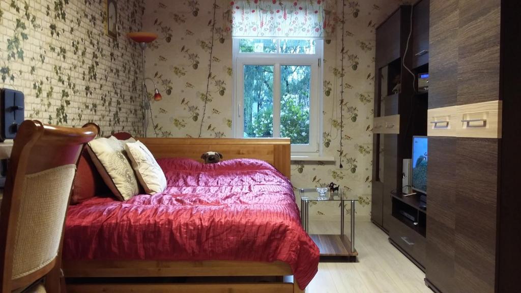 a bedroom with a bed with a red comforter and a window at Small and cozy studio apartment in Riga