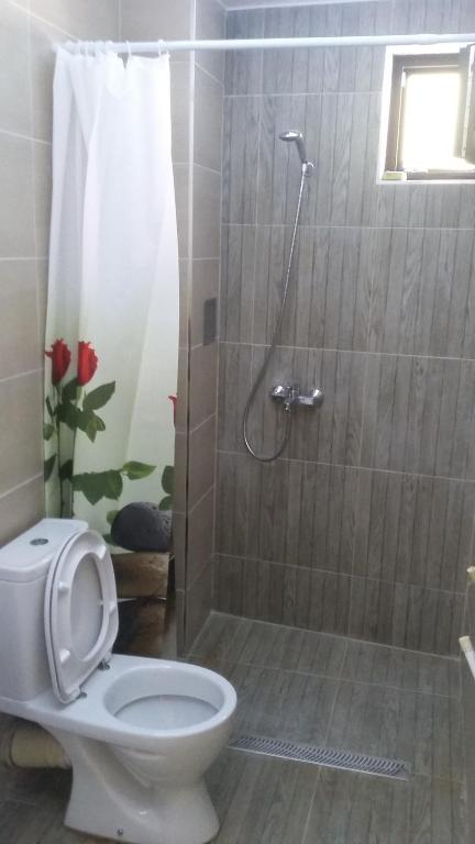 ソゾポルにあるZdravko Guest Houseのバスルーム(トイレ、シャワー、シャワーカーテン付)
