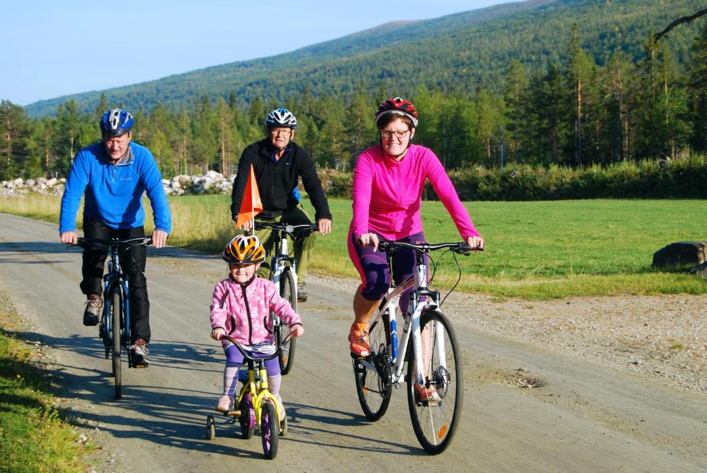 un grupo de personas montando bicicletas por un camino con un niño en Furuheim Gaard, en Susendal