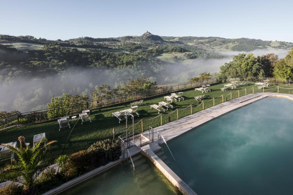 a large pool of water with cows in a field at Albergo Posta Marcucci in Bagno Vignoni