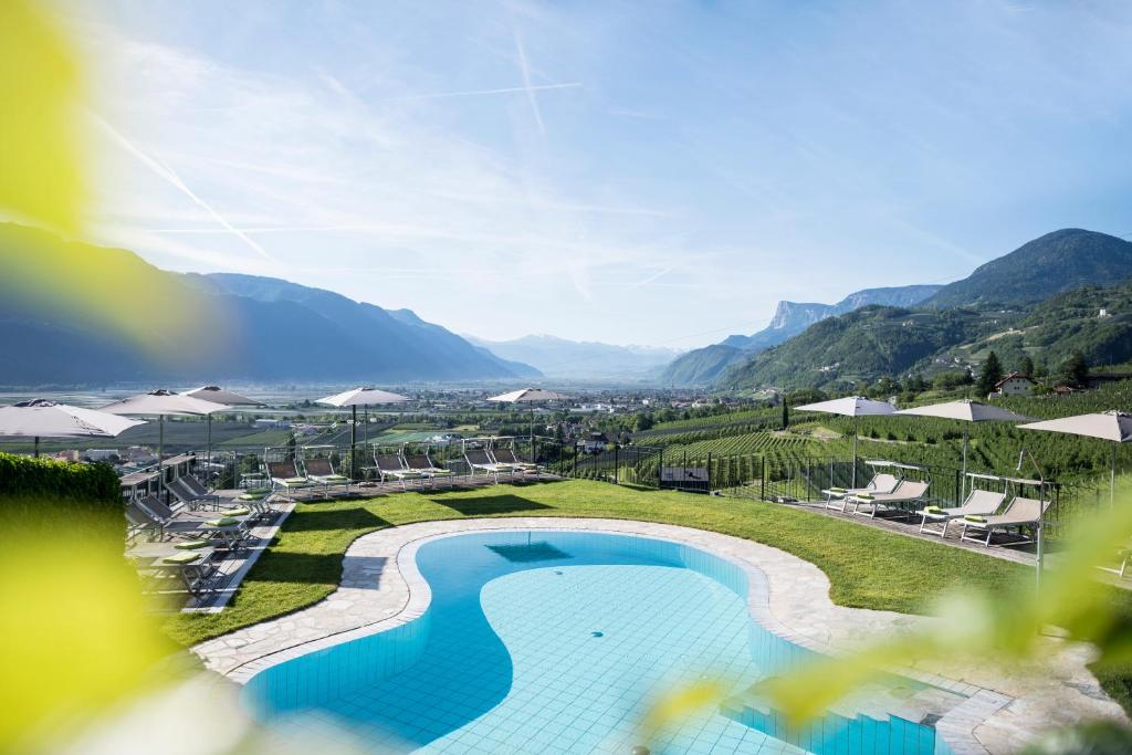 a view of a swimming pool with mountains in the background at Das Grafenstein Familienresidence in Cermes