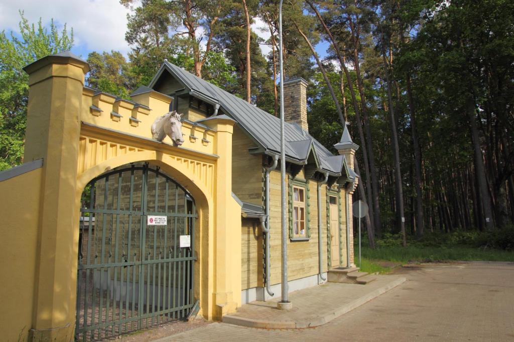 a cat sitting on the top of a fence at Cottage Dzintars in Jūrmala