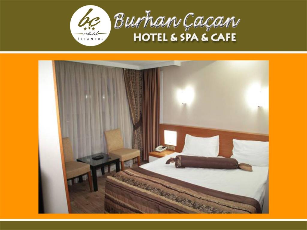 イスタンブールにあるBC Burhan Cacan Hotel & Spa & Cafeのベッドとデスクが備わるホテルルームです。