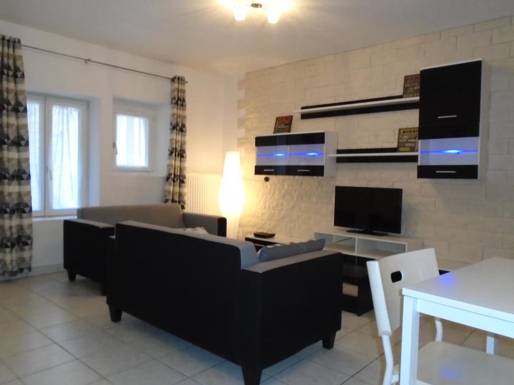 a living room with a couch and a tv at Appartements Baron Bouvier in Vesoul