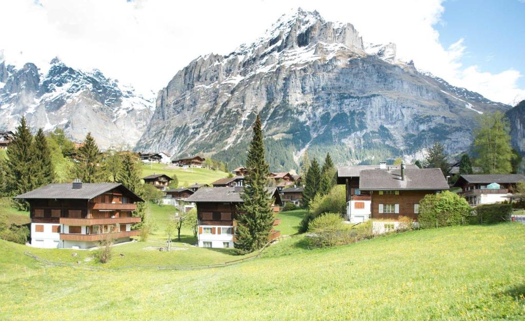 a group of houses in front of a mountain at MOM - Alpine Boutique Apartments, Romantica, near Grindelwald Terminal in Grindelwald