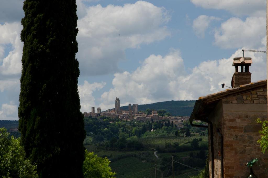 a view of a city from behind a tree at Podere Remignoli in San Gimignano