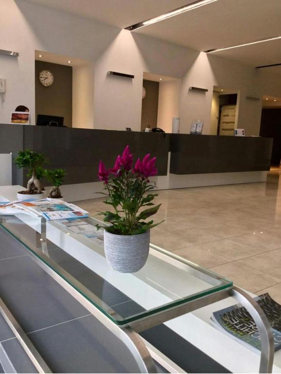 roślina doniczkowa siedząca na szklanym stole w holu w obiekcie Hotel Artemide w mieście Aversa