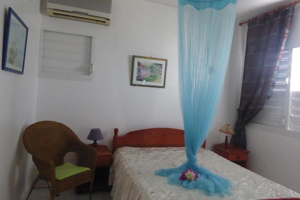 una camera da letto con un letto con una tenda blu sopra di Résidence le Belvedere de Gissac a Sainte-Anne