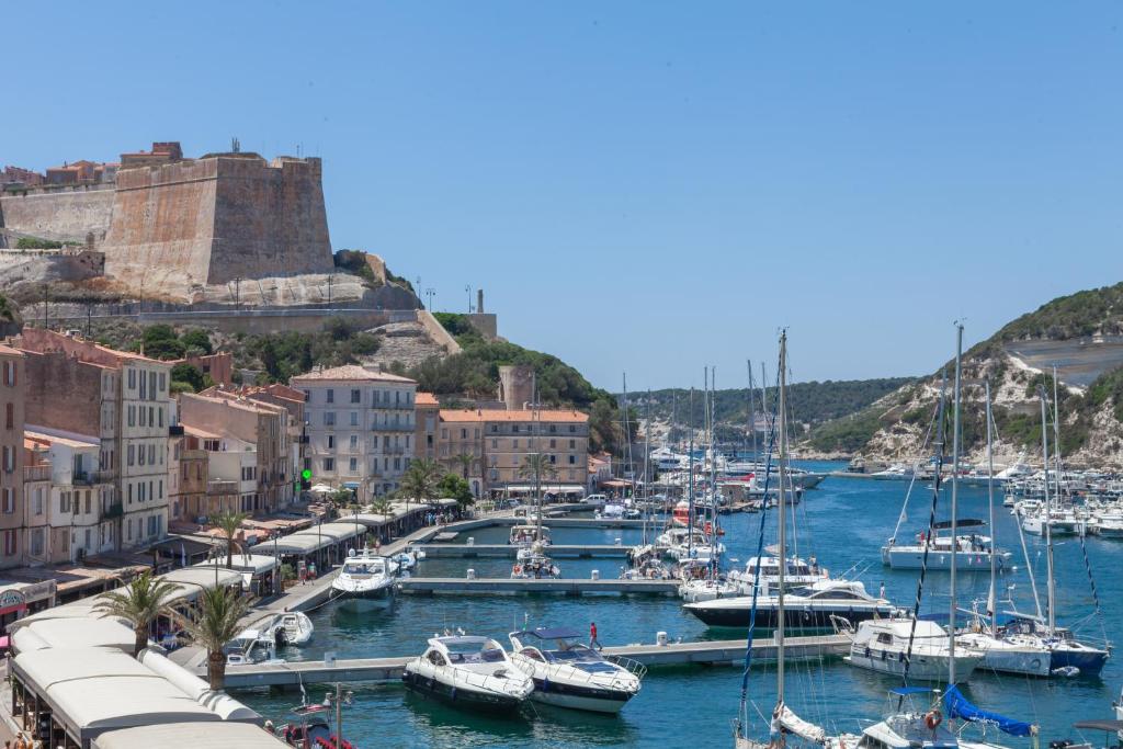 een groep boten aangemeerd in een haven met een kasteel bij Les Appartements du Port in Bonifacio