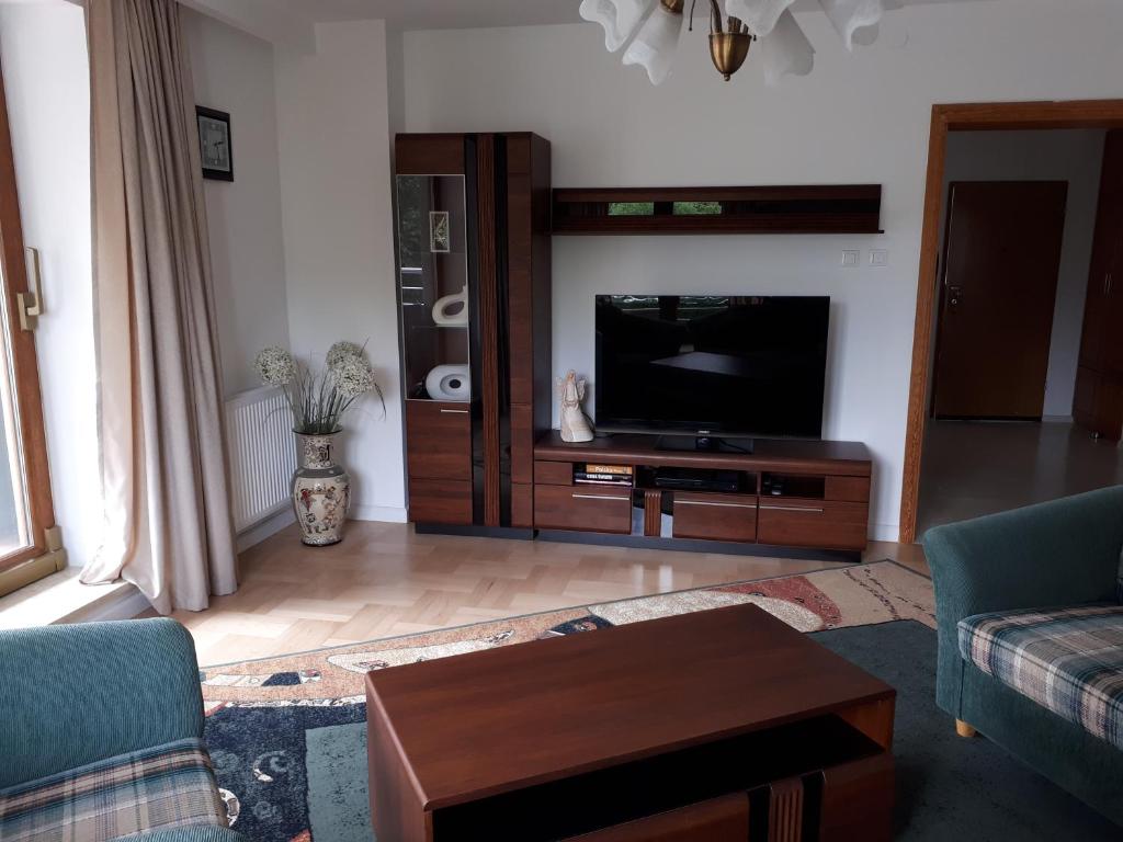 a living room with a tv and a couch and a table at Gdynia Orlowo Honey Apartment in Gdynia