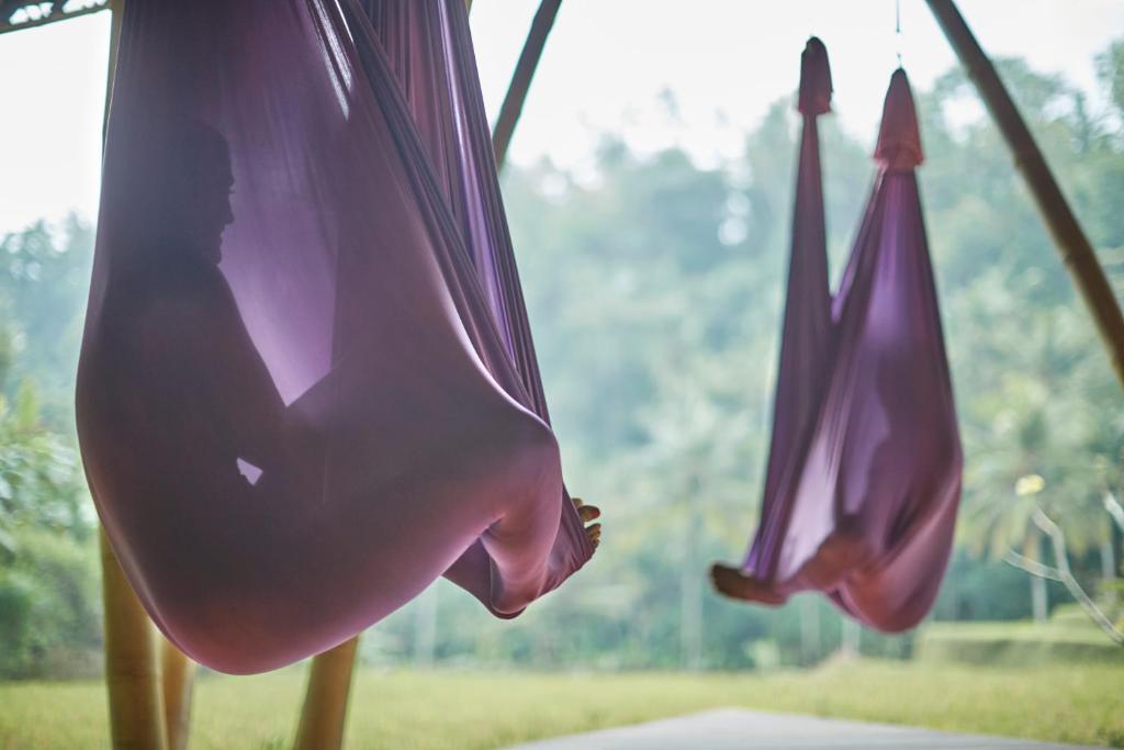 a couple of purple flowers on a slide at Four Seasons Resort Bali at Sayan in Ubud