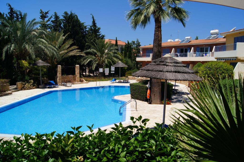 einen Pool mit Sonnenschirm und Palmen in der Unterkunft Regina Gardens Lovely Apartment in Paphos City