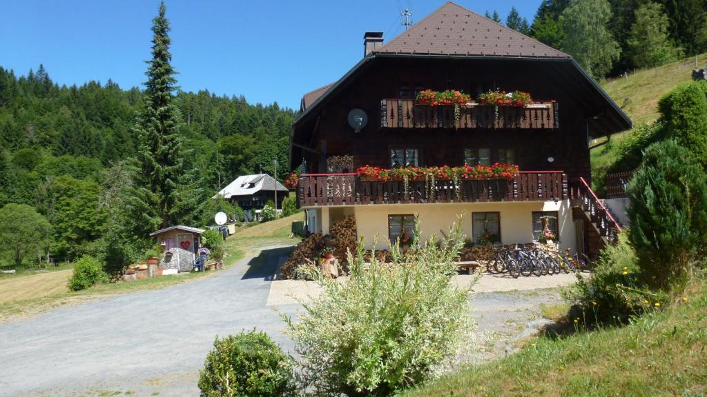 ein Gebäude mit Blumen auf den Balkonen auf einem Hügel in der Unterkunft Haus Biehler in Todtmoos